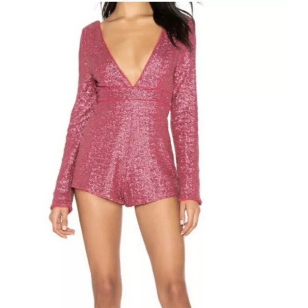 Nbd x Naven Women's Sequin Deep V-Neck Romper Party Formal Pink Size Large